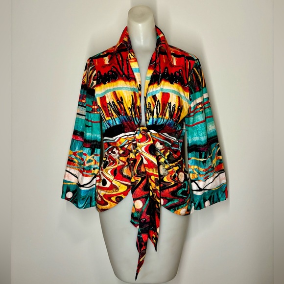 Mishca Tops - Mishca Tie Front Blouse Size Large Colorful Retro Funky